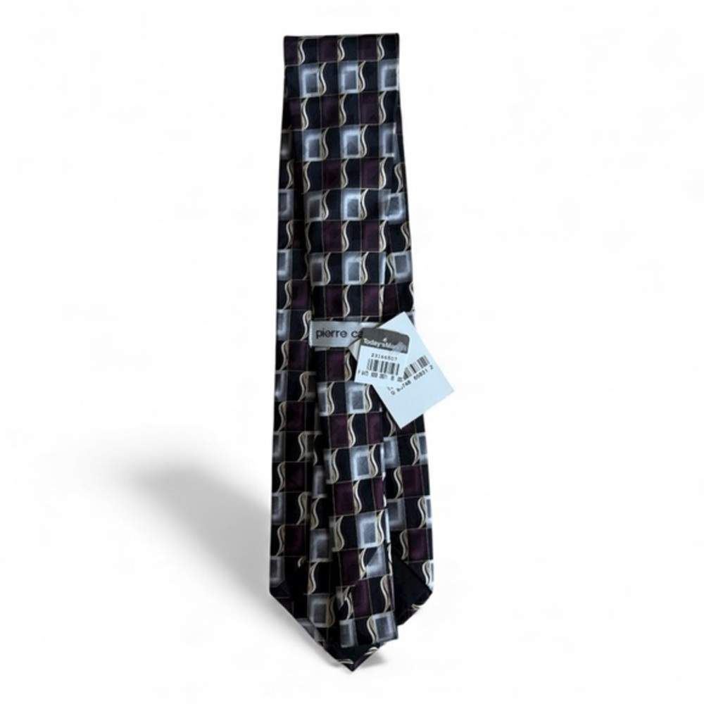 NWT Pierre Cardin Men’s Silk Tie Geometric Pattern Burgundy Gray Black - Picture 2 of 2